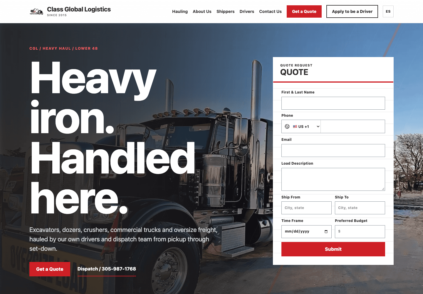 Class Global Logistics website with heavy-haul services and a quote form
