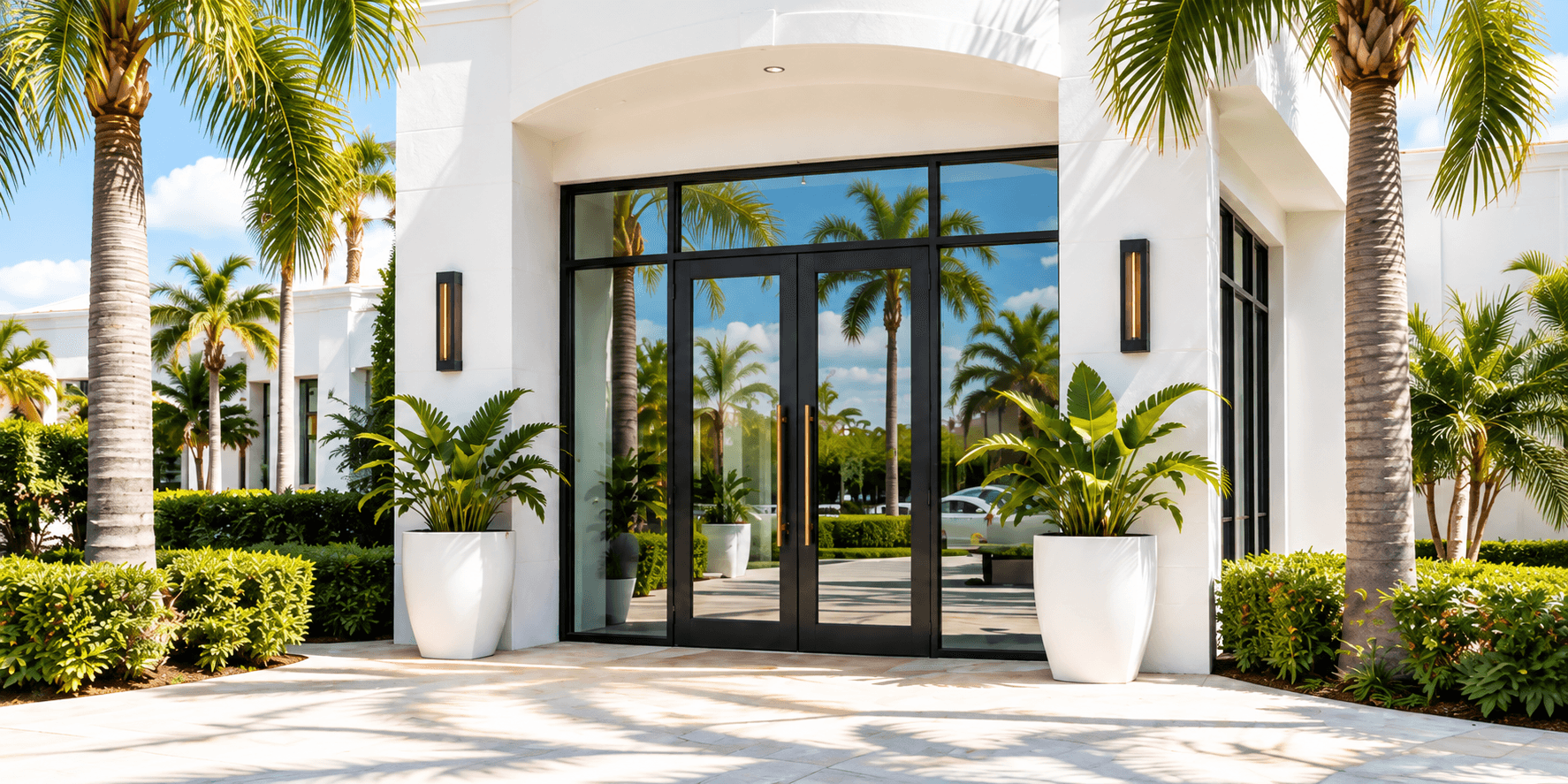 Sunlit business entrance with palm trees reflected in the glass doors