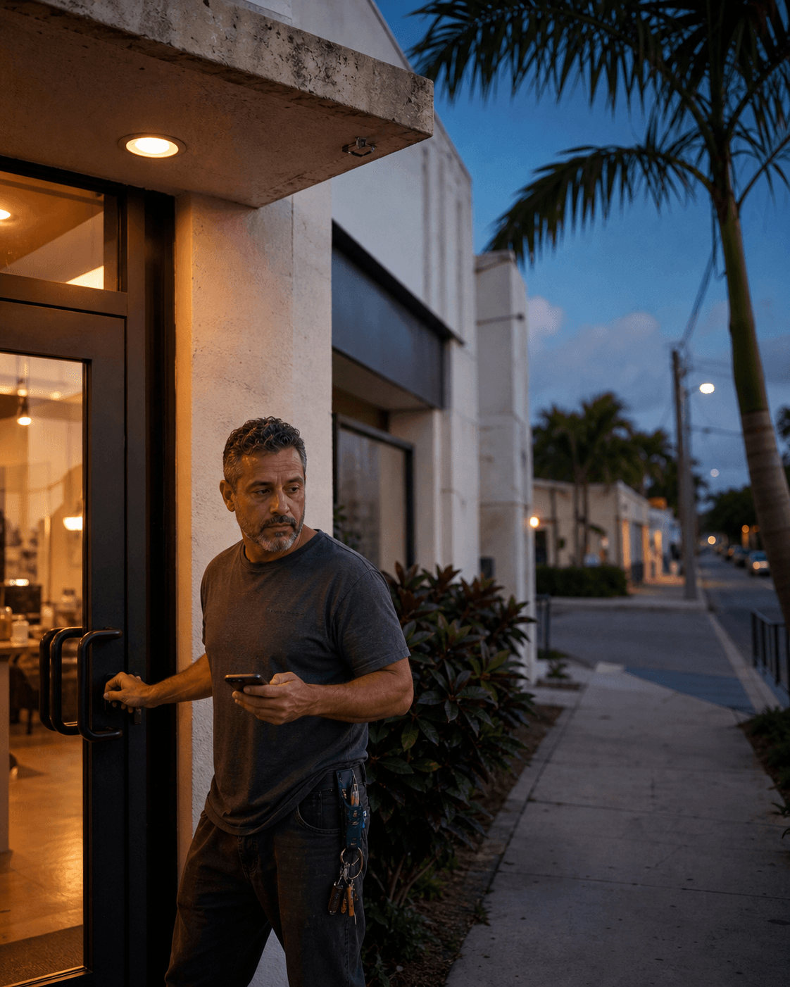 A South Florida business owner checking a new inquiry while closing for the evening