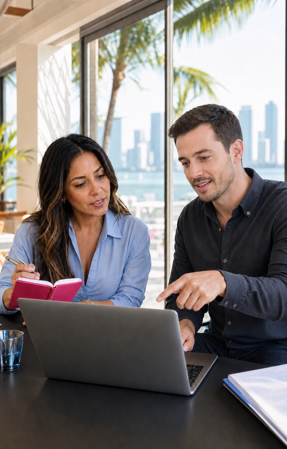 Two South Florida professionals reviewing a business system on a laptop